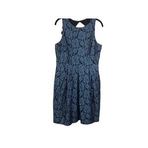 Eliza J Dress Size 12 Blue Black Lace Floral Fit Flare Sleeveless Open Back